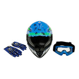 Blue motocross helmet, goggles, and gloves set on white background