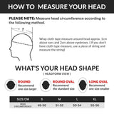 Head measurement guide with diagram, head shape types, and size chart for helmets or hats.