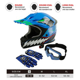 Blue kids motocross helmet with shark design, matching gloves, goggles, and size chart guide.