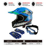 Blue motocross helmet with shark design, matching gloves, and goggles set, size chart included.