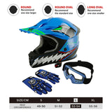 Blue youth motocross helmet, gloves, goggles set with size guide and fit recommendations
